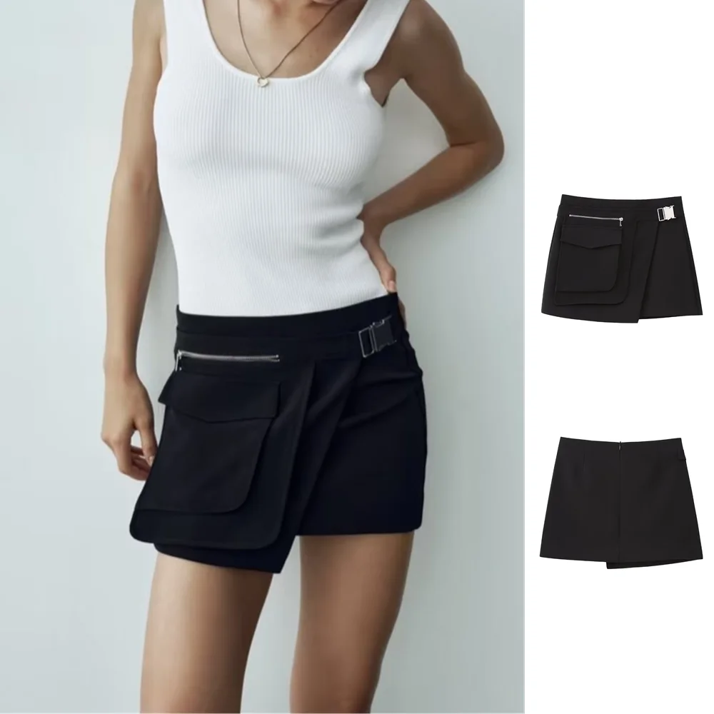 

UNIZERA 2023 Summer New Women's Wear European and American Style French Minority Pocket Decoration Asymmetric Mid Waist Short Sk