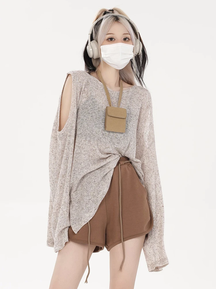 

Minority off Shoulder Knitted Sunscreen Shirt Women Solid Color Thin Women's Shirt Lightweight and Comfortable Girl's Blouse