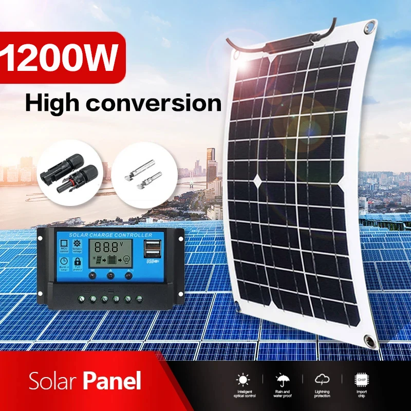 

1200W Flexible Solar Panel 12V Battery Charger Dual USB With 10A-60A Outdoor camping Rechargeable Solar Cell Solar Generator