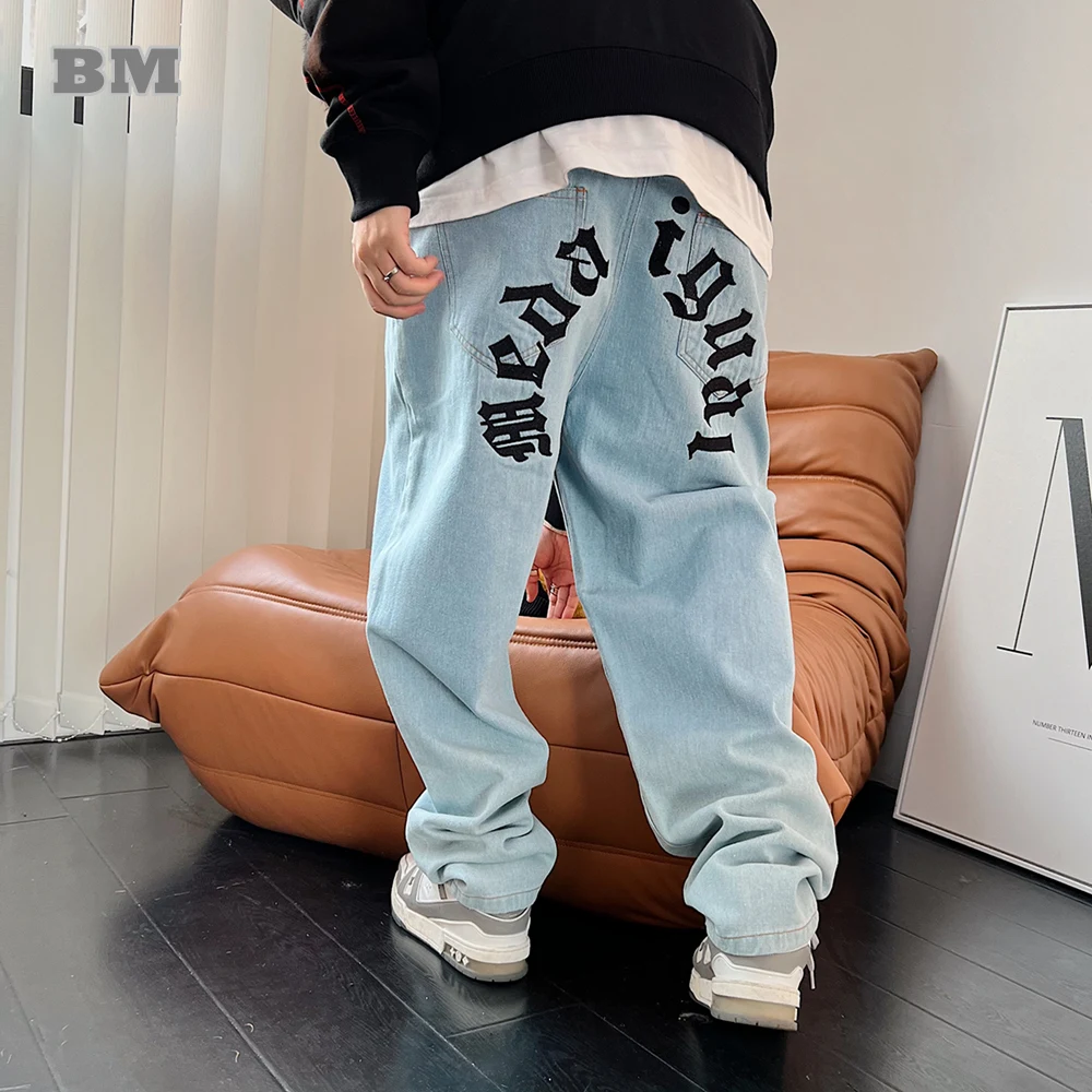 American Hip Hop Skateboards Jeans Streetwear Letter Embroidery Straight Denim Trousers Men Clothing Harajuku Casual Cargo Pants |