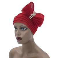 2022 trending round pleated turban cap with multi bow design breathable mesh muslim headscarf bonnet already african headtie