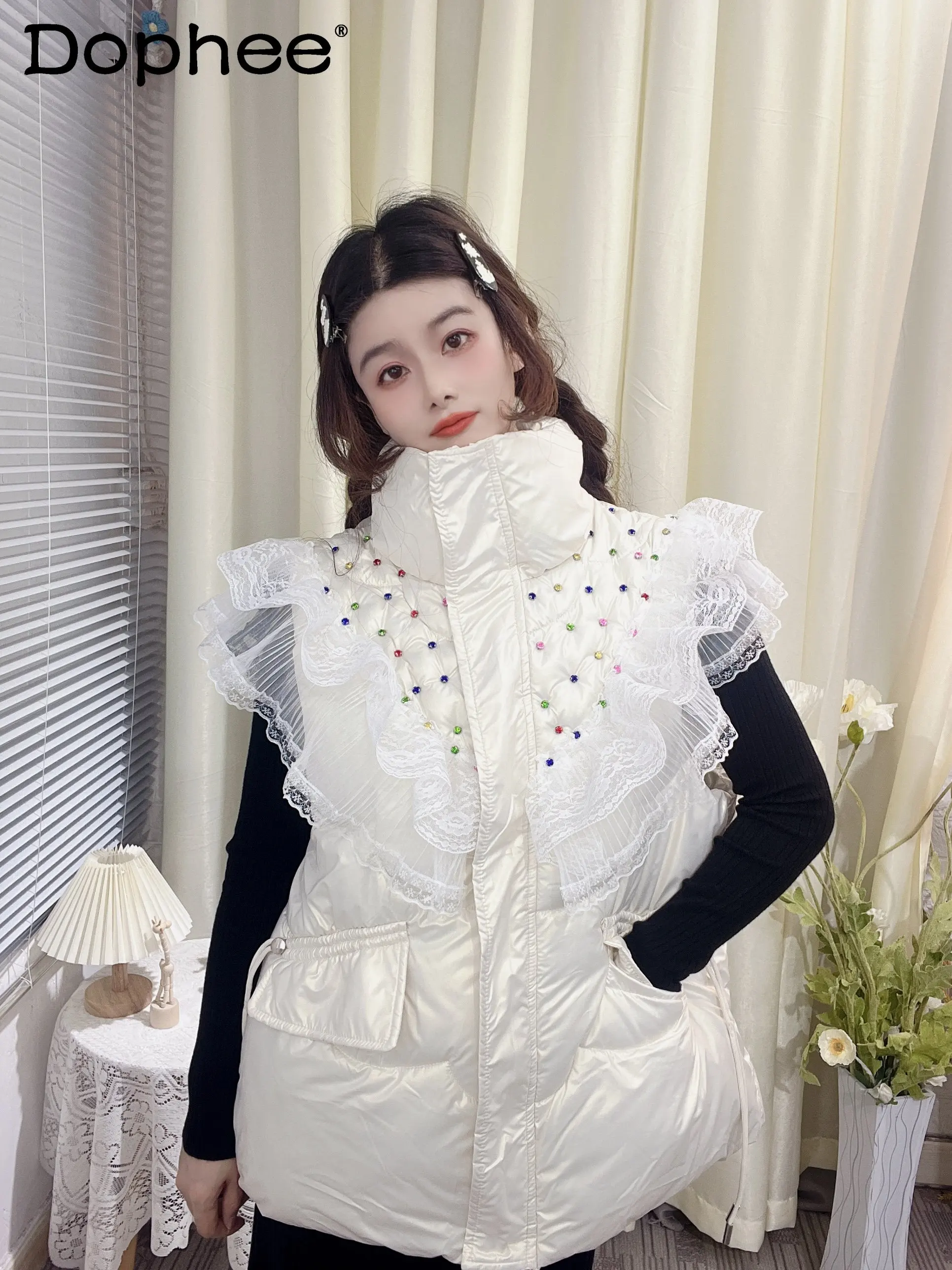 

Heavy Industry Colorful Crystals Beaded Sweet Lace Ruffled Vest Jacket Loose Zipper Vest Cotton Coat Autumn Winter Women Clothes