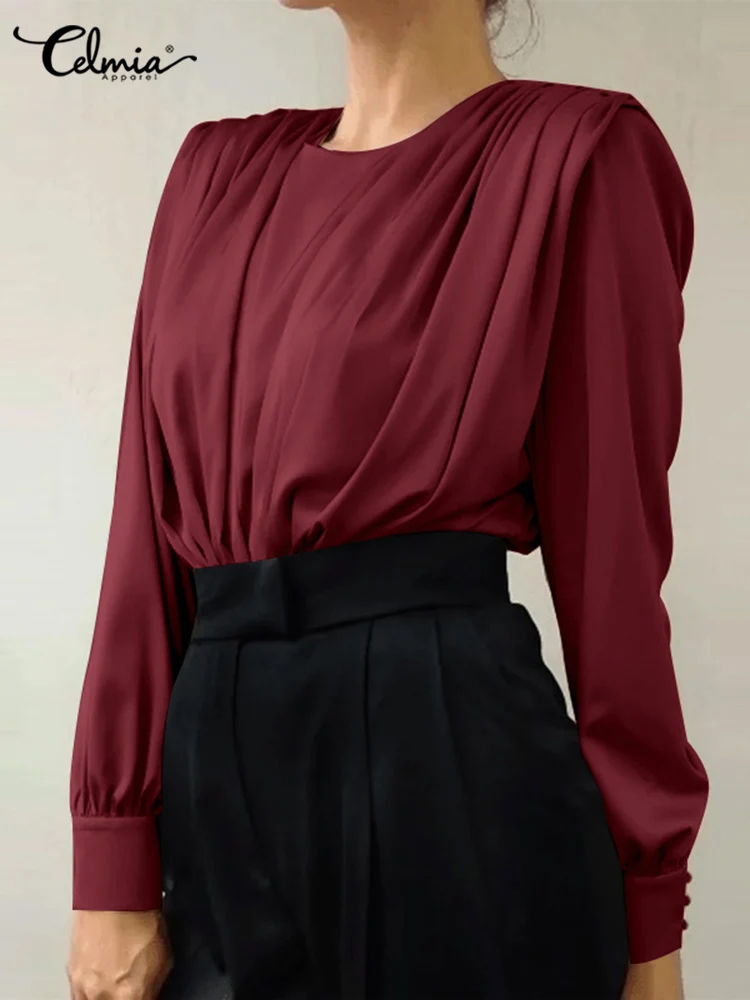 

Celmia Round Neck Office Lady Blouses Casual Pleated 2022 Summer Women Shirts Solid Satin Sexy Elegant Chemise Long Sleeve Tops