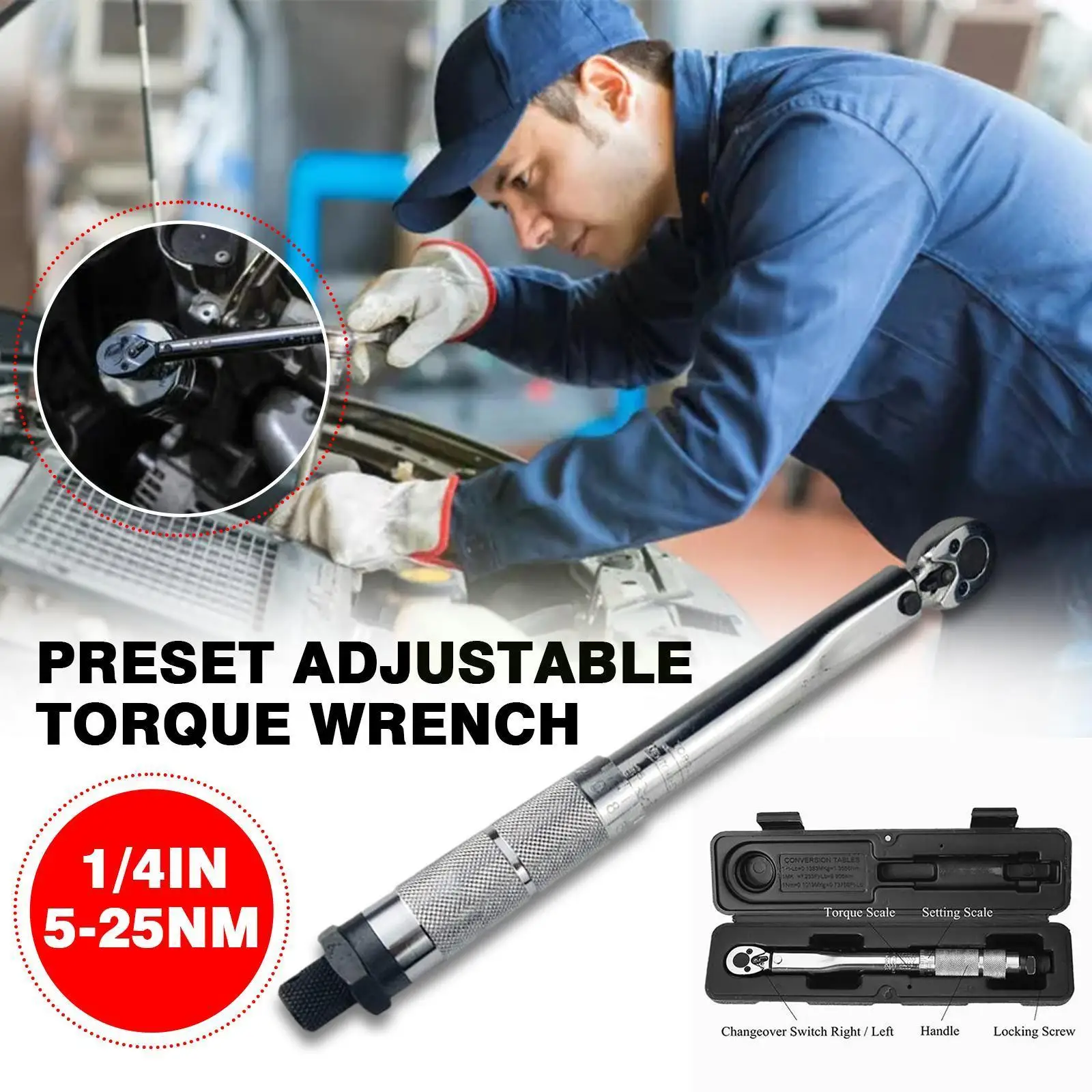 

1/4 Inch Drive 5-25N.m Micrometer Adjustable Torque Wrench Spanner Hand Tool High Quality For Car Bicycle Motorbike Use V4V5