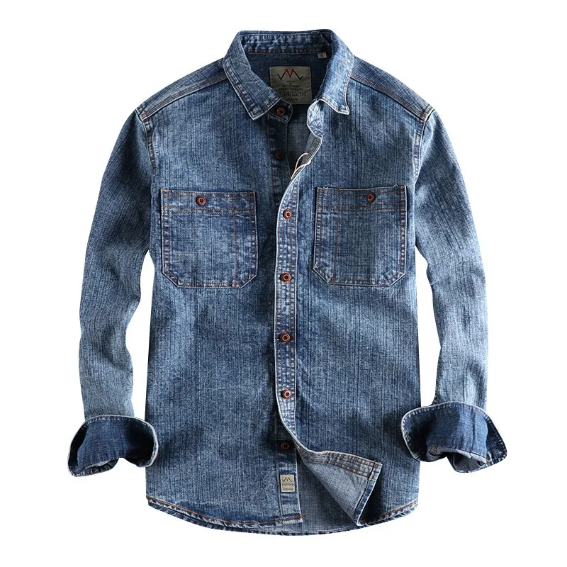 

Spring Autumn Denim Cowboy Shirts Casual Street High Quality 100% Cotton Long Sleeve Shirt Men's Washed Retro Slim Fit Jean Tops