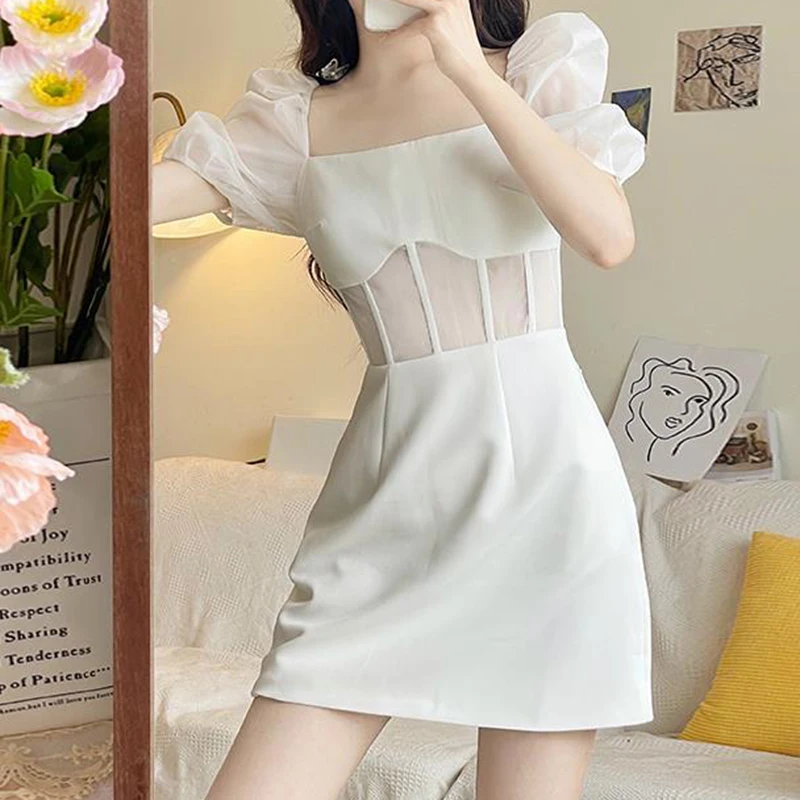 

White Dress French Bubble Sleeve Square Neck Fishbone Mesh A-line Dress Celebrity Party Dress Summer dresses