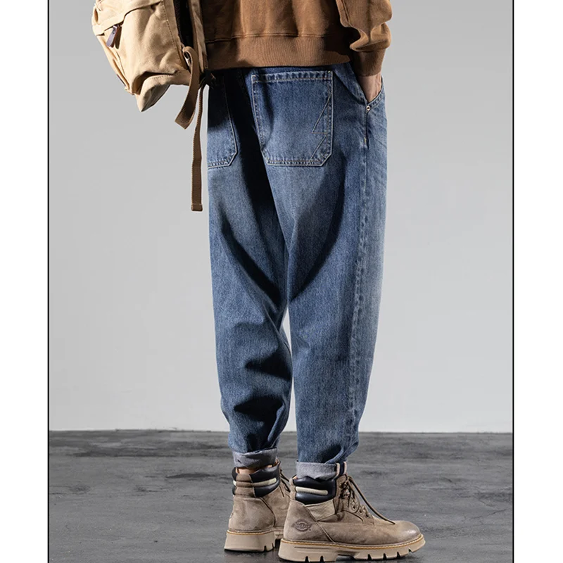 Streetwear Men New Pattern Vintage Recreational Blue Thick Style Jeans Loose Broad Leg Straight Cylinder Trousers Autumn Female