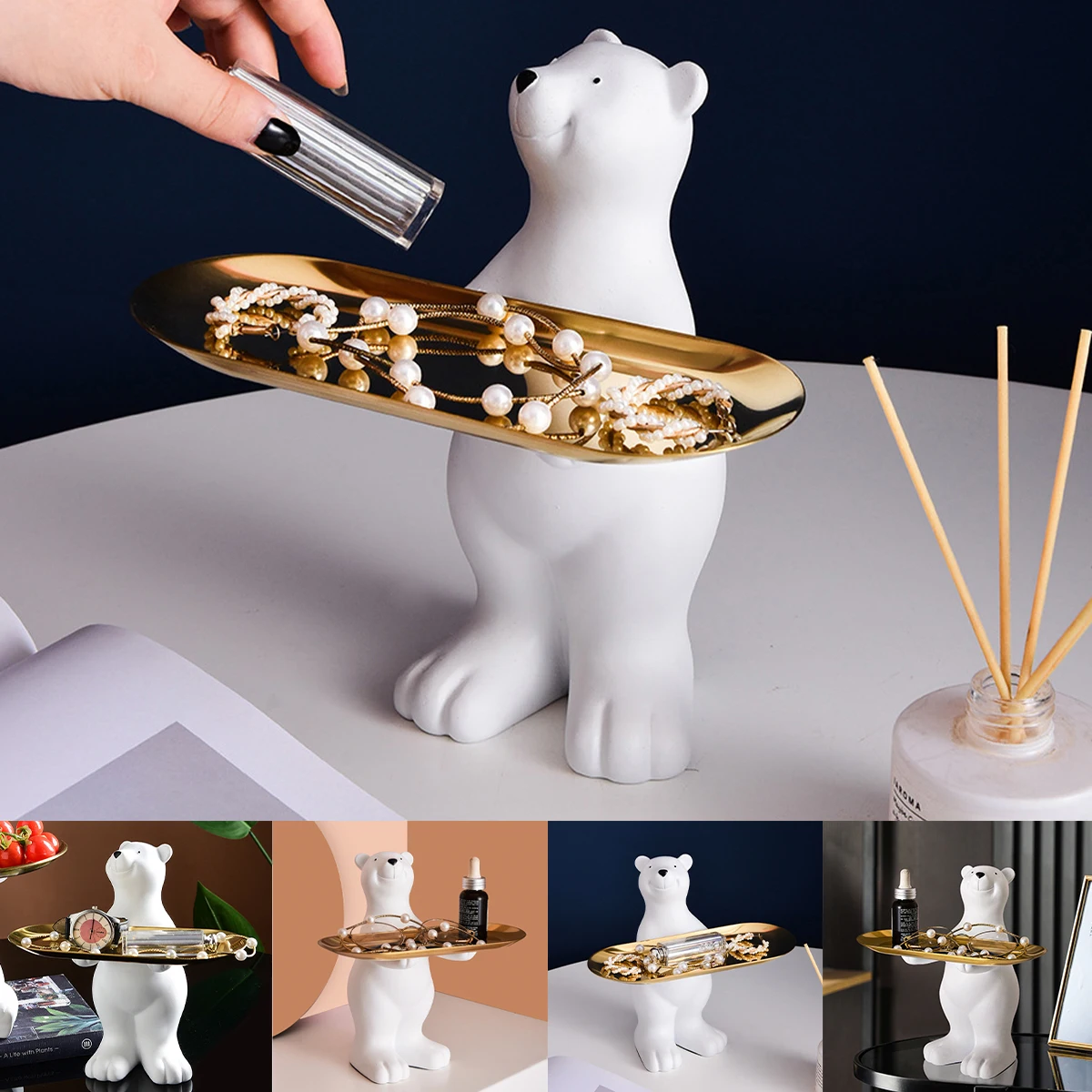 

New Polar Bear Storage Tray Resin White Bear Sculpture Ornament Creative Polar Bear Sculpture Key Holder Modern Art Craft for