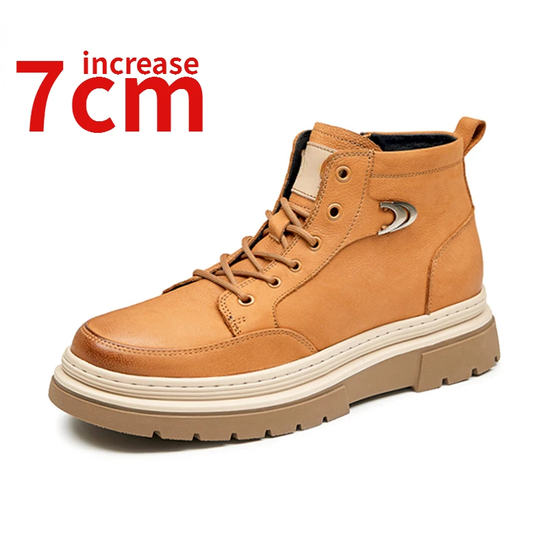 

Elevated Yellow Boots Shoes for Men Autumn/Winter Genuine Leather Increased 7cm British Work Shoes Thick Sole Mid Top Shoes Male