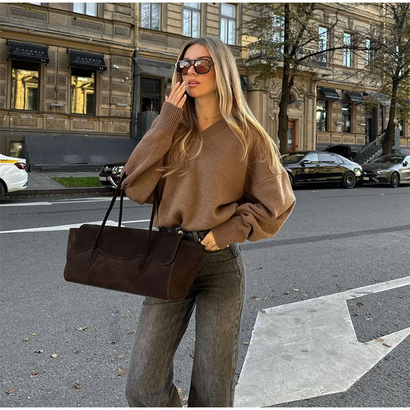 Женский модный коричневый свитер с длинными рукавами и лацканами повседневный