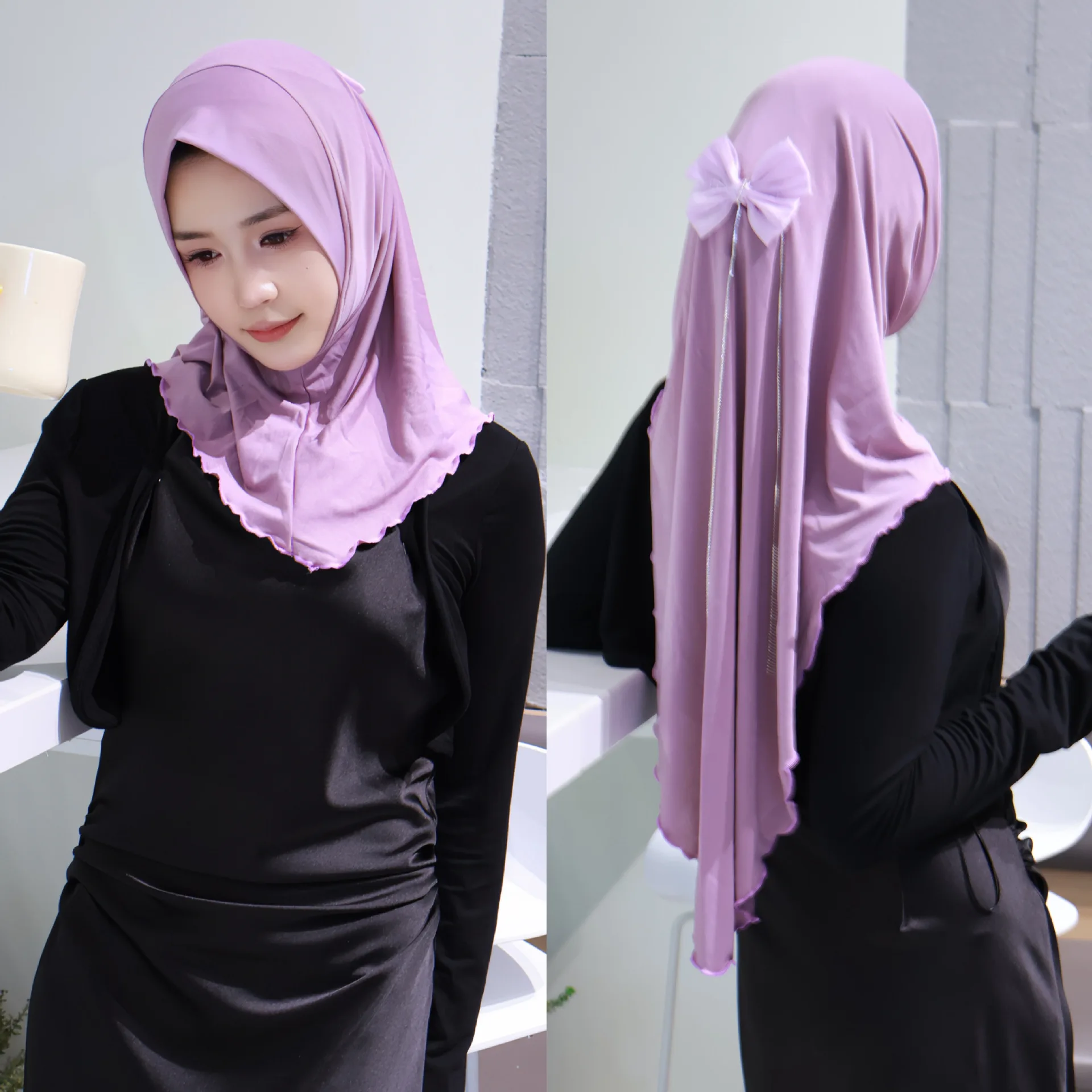 Fashion Bowknot Hijab Women Muslim Instant Scarf Turban Pull On Ready Made To Wear Headscarf One Piece Amira Islam Niqab Nikab
