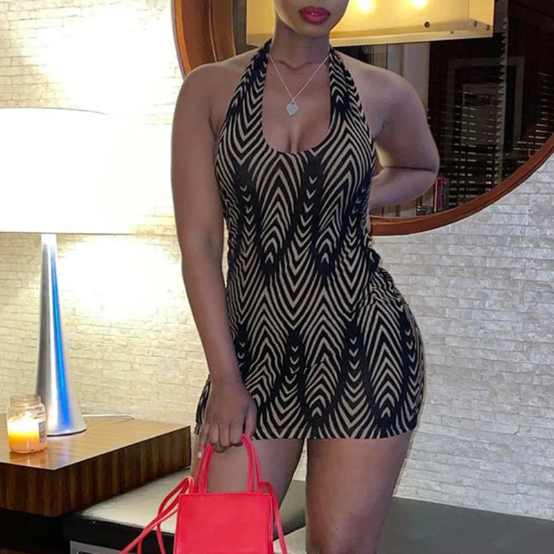 

Women's 2022 new style can be worn with irregular striped printed tight-fitting sleeveless halter neck package hip dress