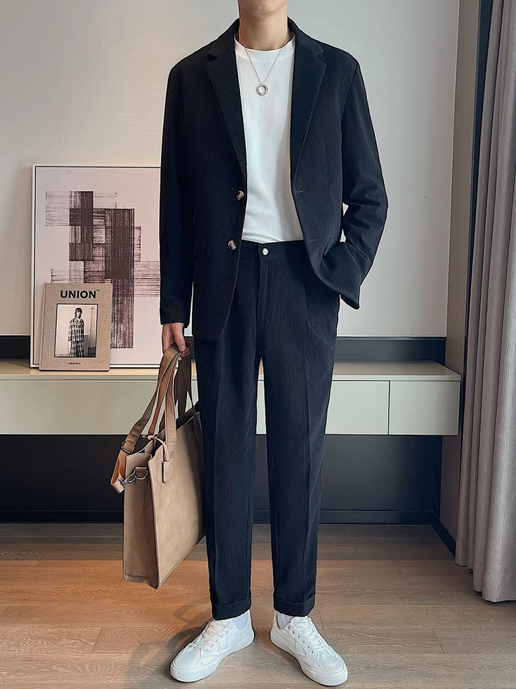 

ZCSMLL New Loose Velvet Waffle Suit Casual 2022 British Style New Fashion Solid Color Pleated Temperament Luxury Male Set T3876
