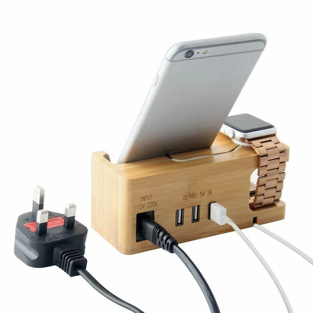 

Multifunctional Bamboo USB Phone Charging Stand Desktop DC 5V Phone Holder Charging Dock Desktop 2 In 1 Charger For Smart Watch