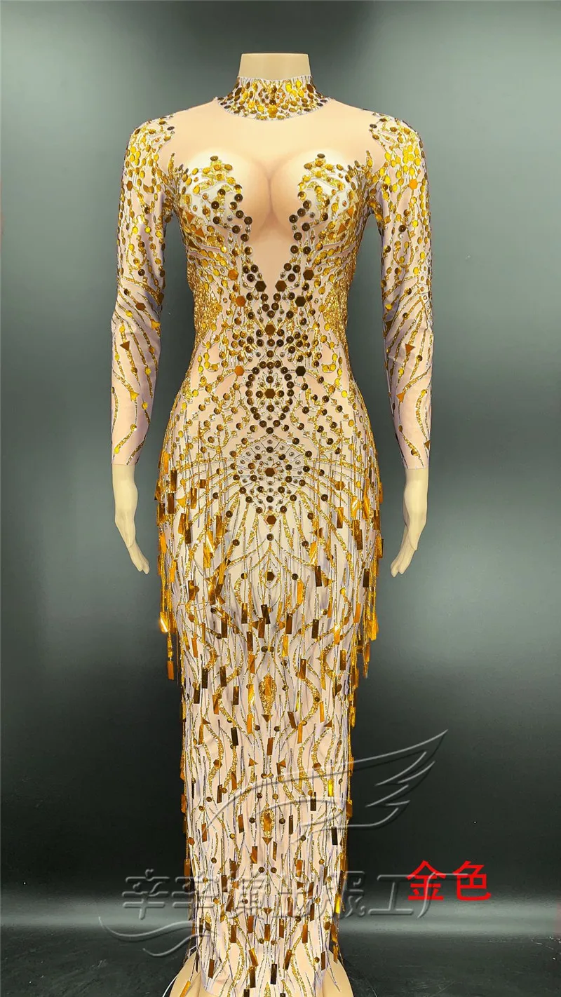 

Shining Rhinestone Sequined Long Sleeve Bodycon Dress Women Party Birthday Celebrate Long Dress Singer Stage Performance Costume