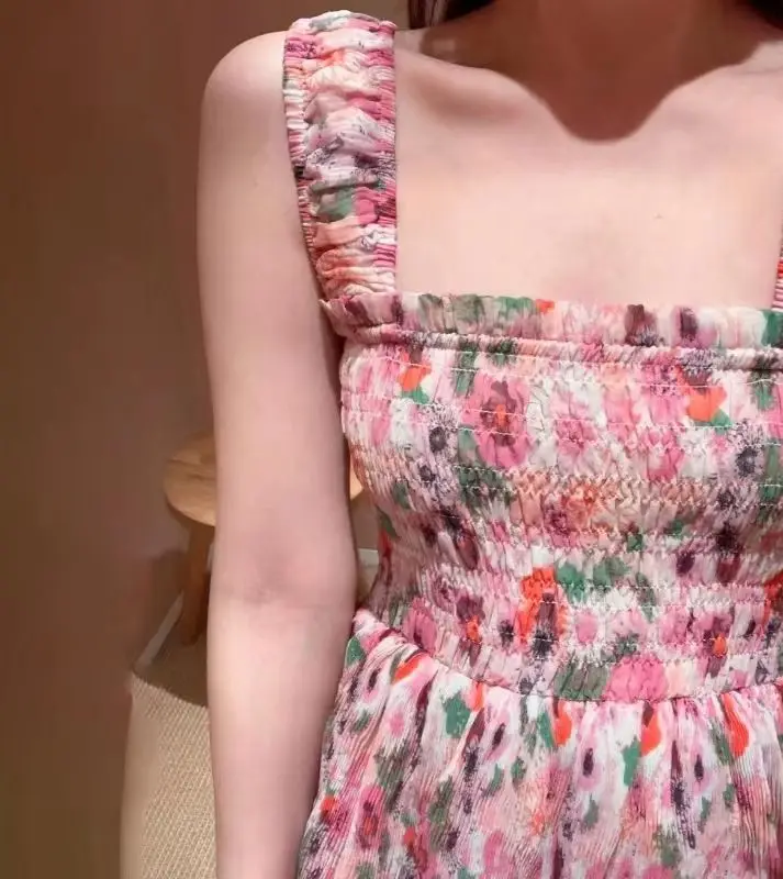 

Women's Mid Calf Dress Printed Elastic Pleated Tierred Square Collar Sleeveless Spaghetti Strap Robe Sweet Spring 2023