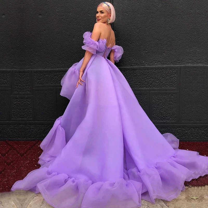 

Eightale 2022 High Low Prom Dress Arabic Lavender Ruffles Off the Shoulder Organza Evening Gown Girl Party Dress for Graduation