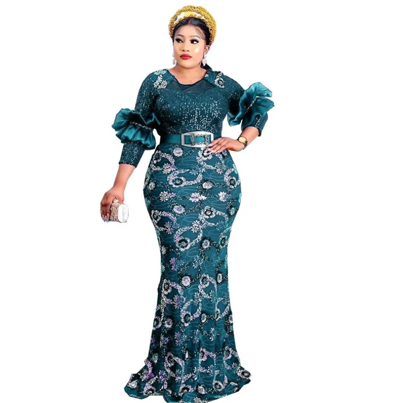 

African Dresses for Women 2022 New Elegant African Women Sequined O-neck Polyester Long Dress Maxi Dress African Clothes Women