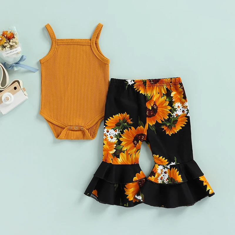 

Baby Girls Summer Ribbed Knitted Strap Sleeveless Romper Floral Print Bell Bottoms Flared Pants Outfits Sets