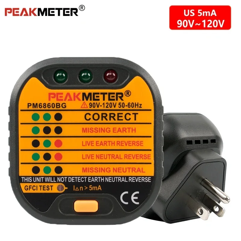 Peakmeter 6860DR Тестер электрической розетки 110/230 В с детектором нулевой линии Проверка