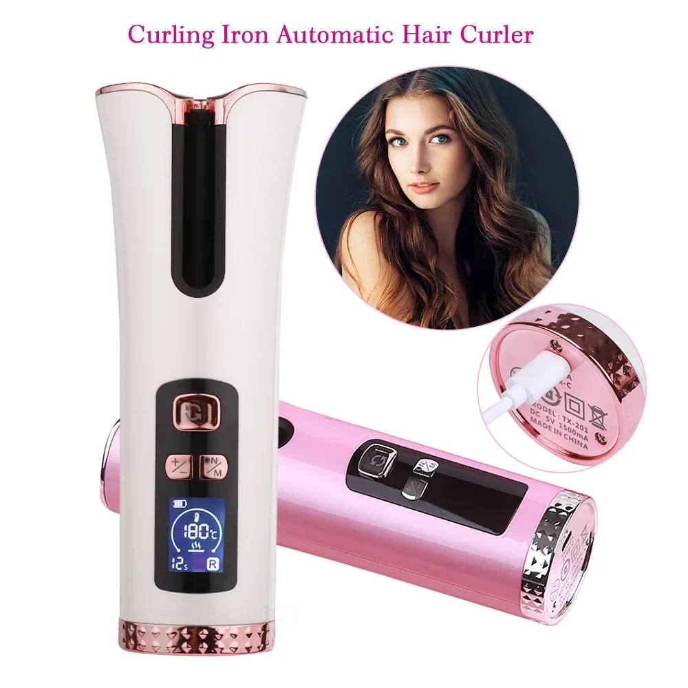

NEW2023 USB Cordless Automatic Curling Iron LED Digital Hair Curler Tourmaline Ceramic Heater Portable Rotating Air Spin Hair Cu