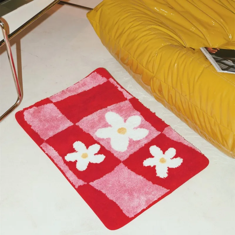 

Plaid Rugs INS Flocking Carpet Water Absorbing Non-slip Mat Top Quality Flower Tufting Carpets Children's Bedside Rug Room Decor