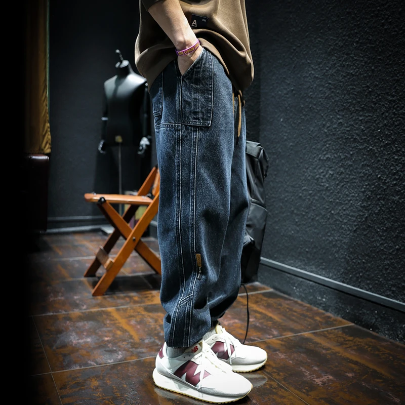 Spring and Autumn Style Leggings Mens Denim Pants Loose Fitting Trendy Trend Stitching Harlan Trend Jeans for Men