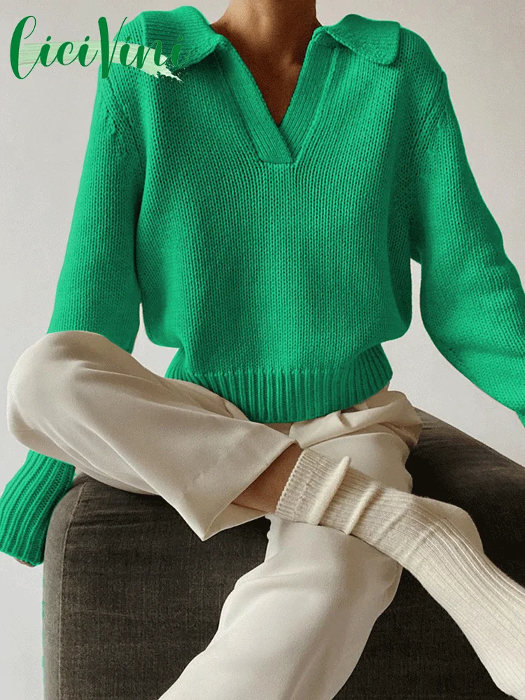

CiciVini Knitted Sweater For Autumn V-Neck Solid Color Female Pullover Daily Chic 2022 Fashion Loose 2022 Tops Size S-L