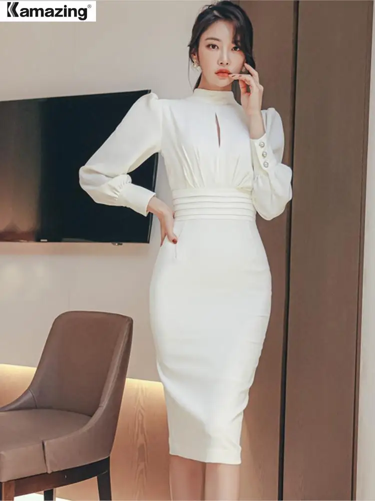 

Осеннее женское элегантное облегающее белое платье, женское платье-карандаш в Корейском стиле, повседневные женские сексуальные вечерние ...
