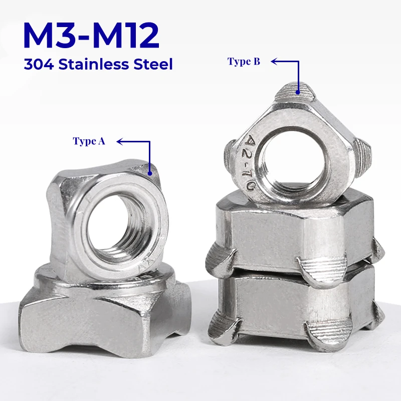 

M3 M4 M5 M6 M8 M10 M12 304 Stainless Steel Square Welding Nut Type A / Type B Square Spot Welding Nuts Four Corner Welding Nut