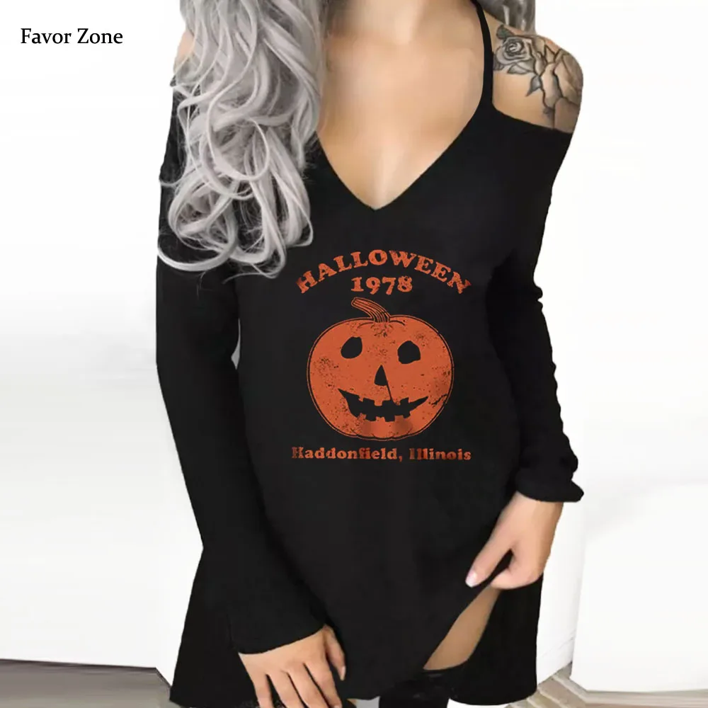 

Women Sexy Spaghetti Strap Halloween Dress Autumn Winter 2022 Pumpkin Skull Print Loose Long Sleeve Black Mini Party Dresses