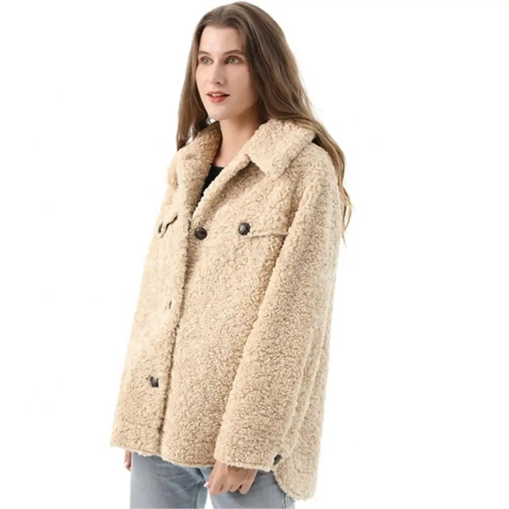 Women Winter Warm Real Fur Coat Thickened Button Lapel Pure Color Fluffy Jackets Fashion Simple Teddy Fleece Luxury Woman Fur