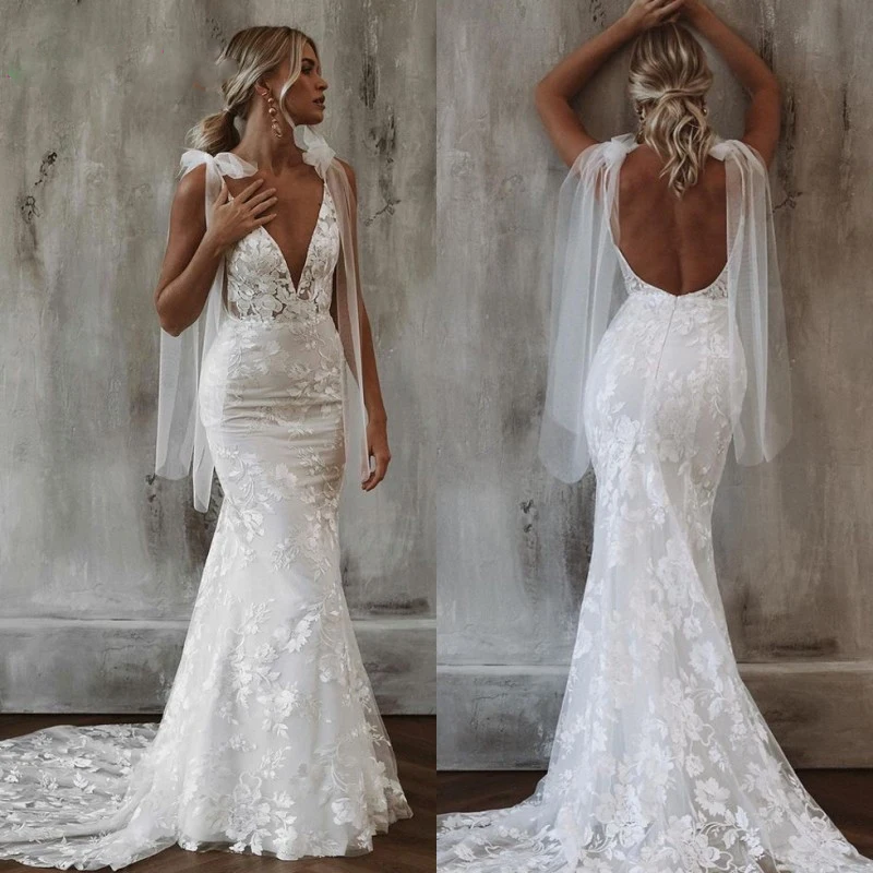 

Sexy Mermaid Wedding Dress Lace Deep V-Backless Tulle Bohemia Bridal Gowns Elegant V-Neck Long Wedding Bridal Dresses