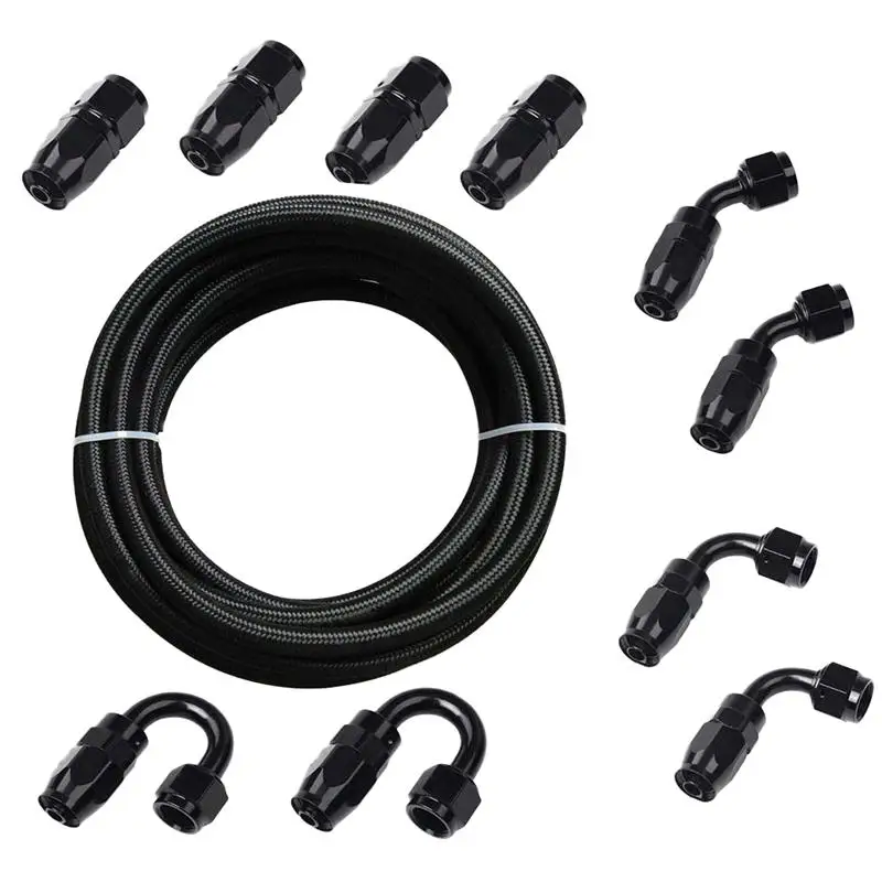 

5m AN6 Black Stainless Steel Braided Nylon Hose Fuel Pipe Oil Cooler System with 10pcs Adapter Kit Hose End Fitting