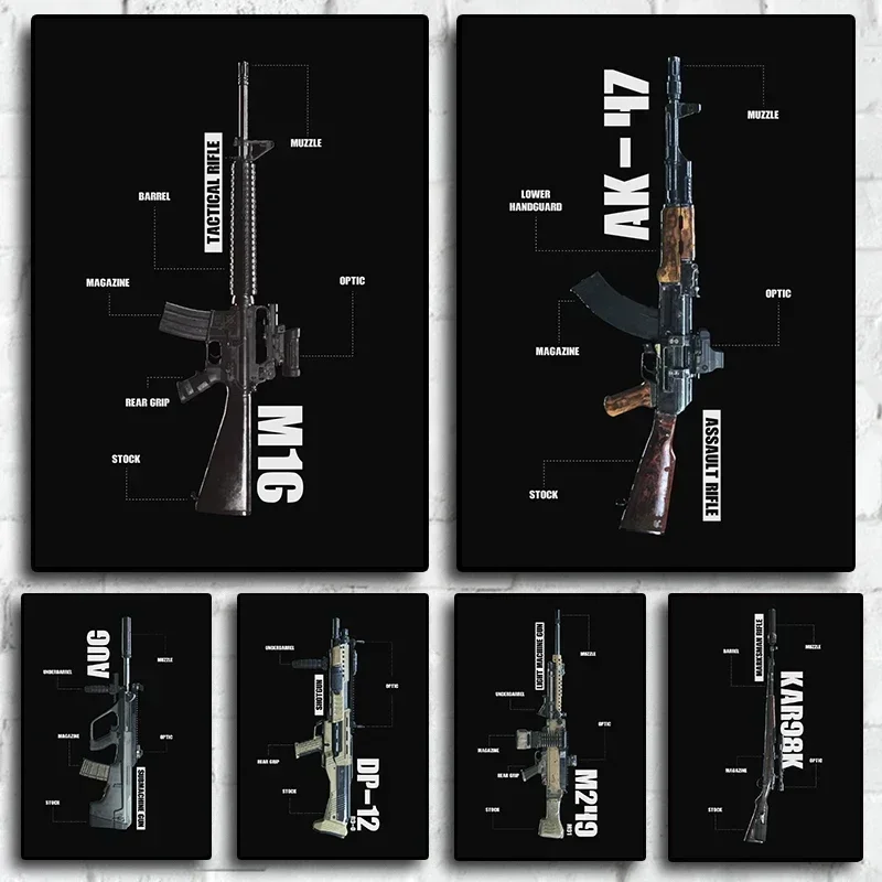 Черный Холст С Принтом Современный Стиль Оружие Декор Для Стен Без Рамы