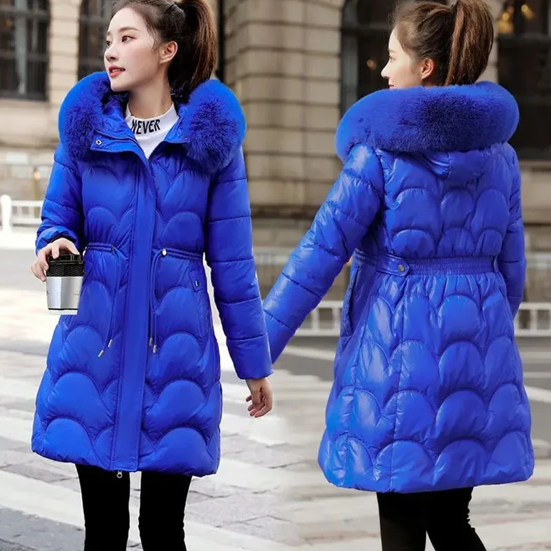 

New Winter Cold Down Cotton Coat Womens Hooded Fur Collar Parker Overcoat Female Long Warm Quilted Jacket Casual Cotton Clothing