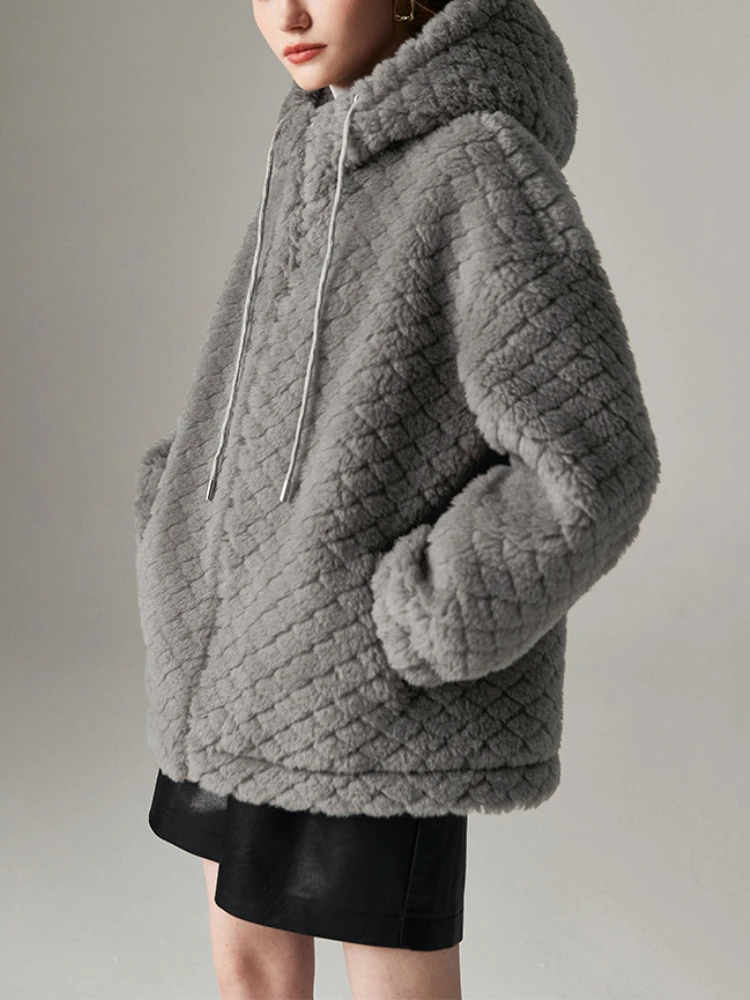 

Autumn/Winter New Wool Blended Women Coat Elegant Fashion Hooded Fur Jacket Solid Color Basics Warm Tops
