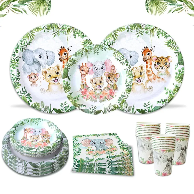

QIFU Animal Tableware Jungle Safari Theme Party Decor Wild One Birthday Party Decor Kids Baby Shower Green Forest Party Supplies