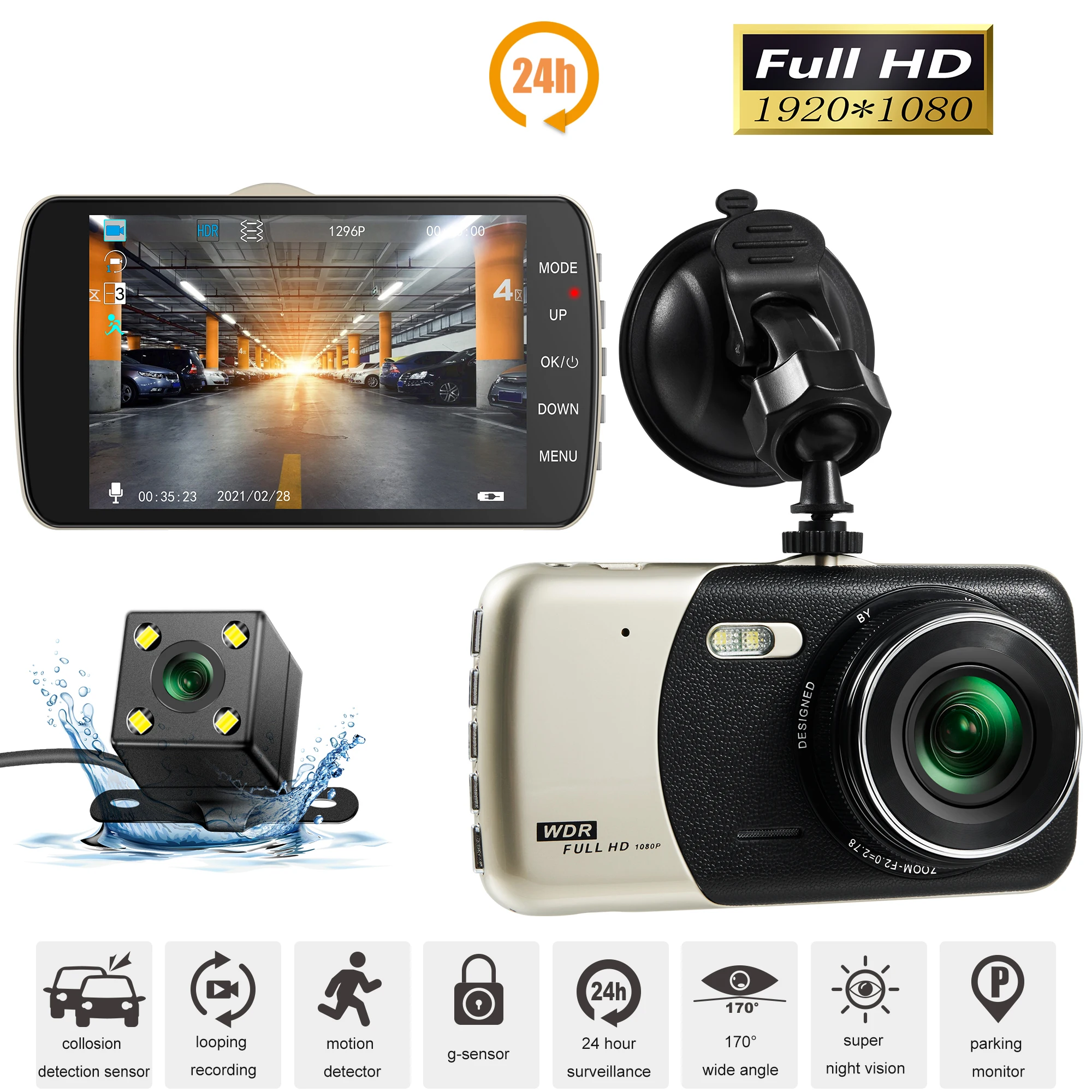 

Видеорегистратор Full HD 1080p, дюйма, IPS, с двумя объективами