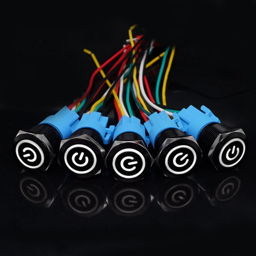 

5 шт. черный кнопочный переключатель с проводом, водонепроницаемая металлическая защелка с подсветкой, мгновенная 5 В, 12 В, 220 В, светодиодная лампа 16/19/22 мм, красный