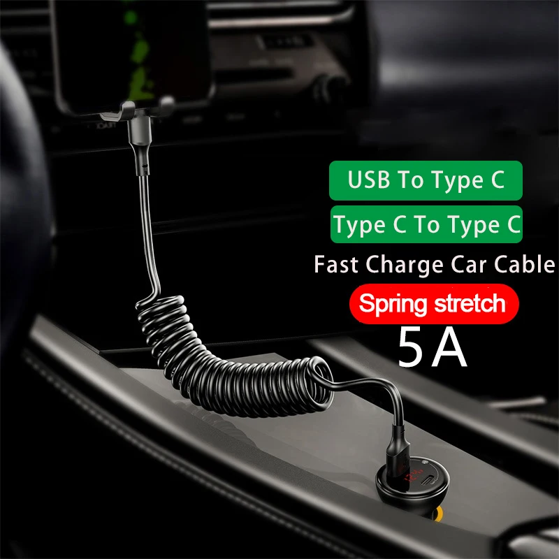 5A 66W Fast Charging USB Type C Cable 3A Micro USB Spring Car Cable For Xiaomi Redmi Samsung Realme Phone Accessories For iPhone