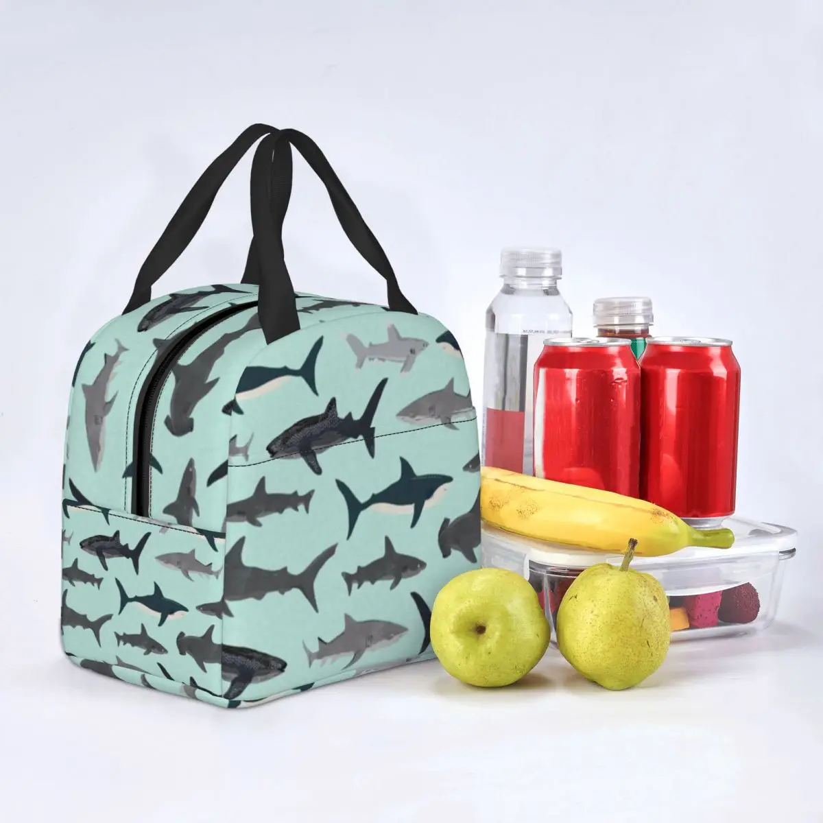 

Great White Shark Lunch Bag with Handle Sharks Illustration Art Print Meal Cooler Bag Reusable Zipper Picnic Thermal Bag