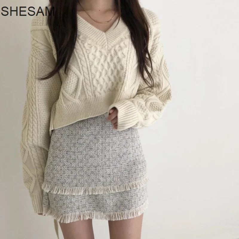 

Korean Chic Style Twist Back Strap Knitted Sweater Tassel Wool Skirt Set Female