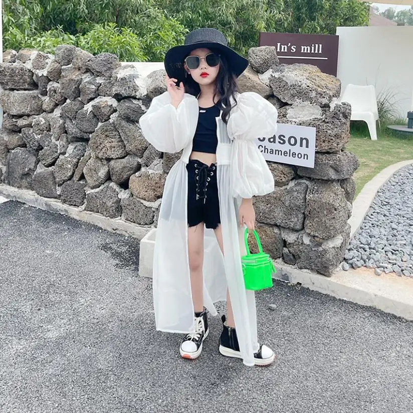 

2023 Summer New Girl Coat Baby Girl Cardigan Top Teenage Thin Jacket Long Tops Children Sun Protection Clothing Kids Outerwear