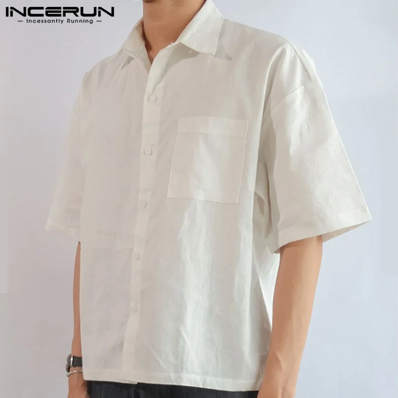 

2023 Men Shirt Solid Color Lapel Short Sleeve Streetwear Loose Casual Men Clothing Cotton Stylish Summer Shirts S-5XL INCERUN