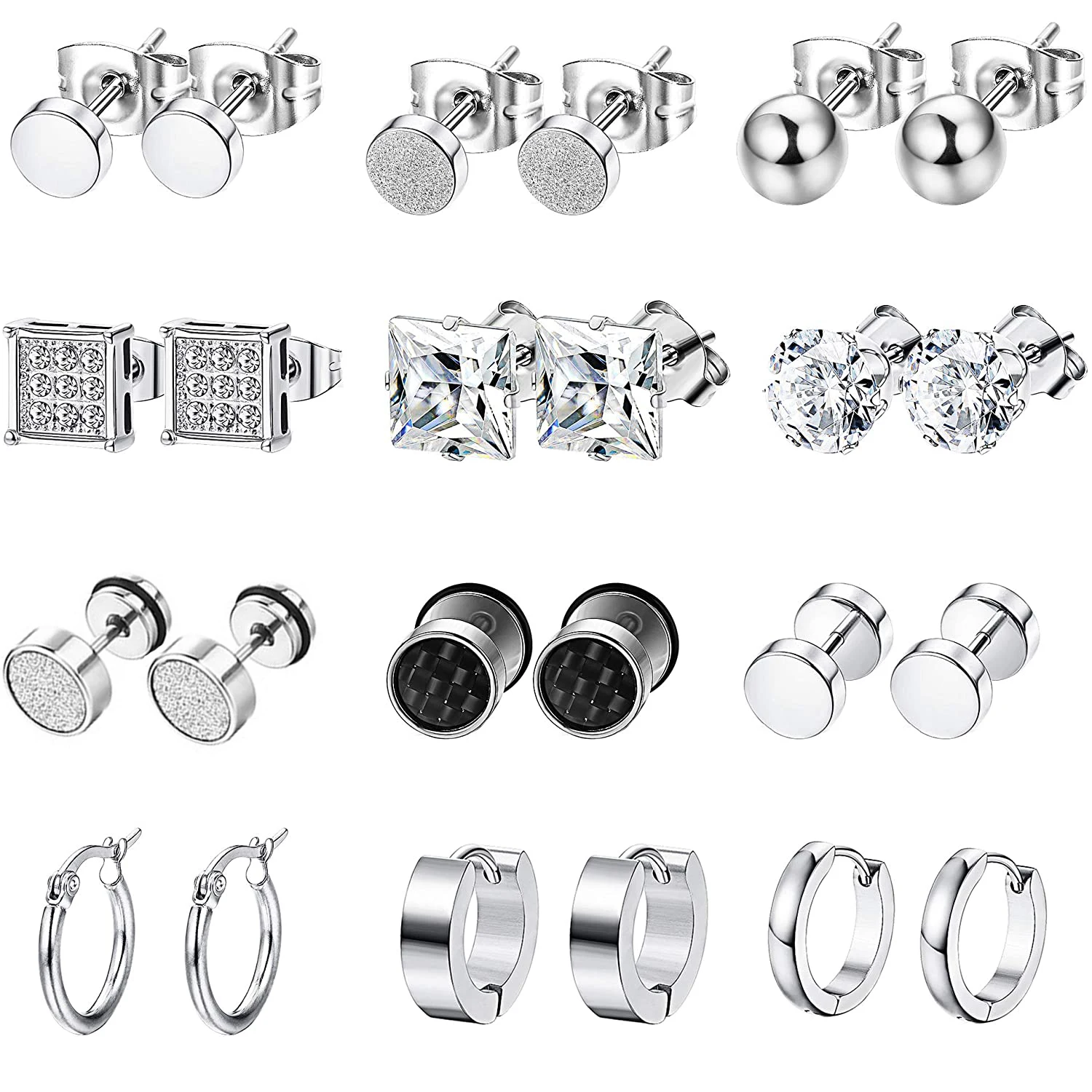 

12 пар, мужские серьги из нержавеющей стали