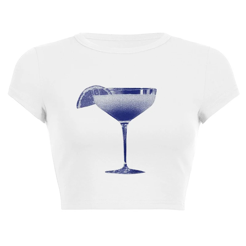 Женская высокоэластичная однотонная простая футболка с принтом бокала для вина