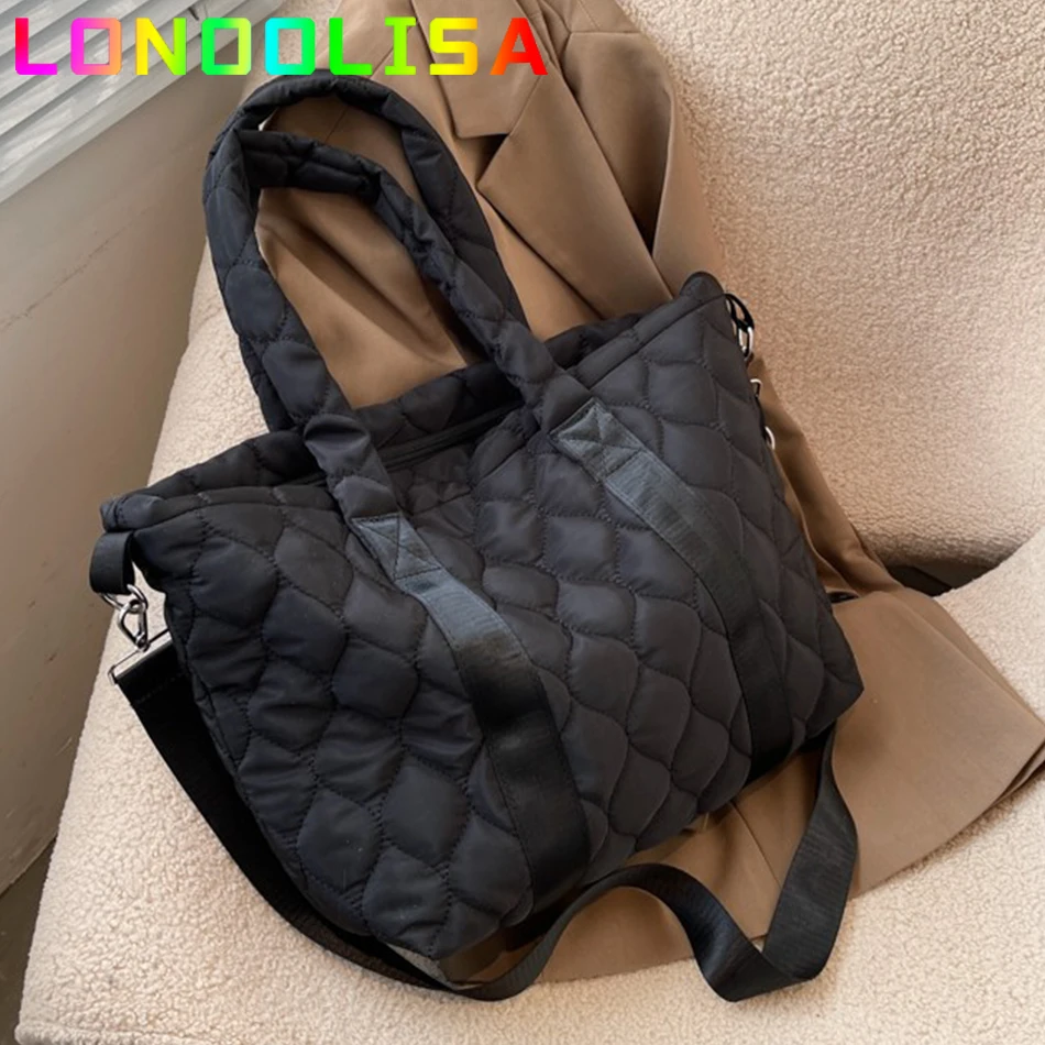 

Brand Designer High Capacity Nylon Tote for Women 2022 Hit Winter Ladies Big Quilted Shoulder Crossbody Down Bag Shopper Handbag