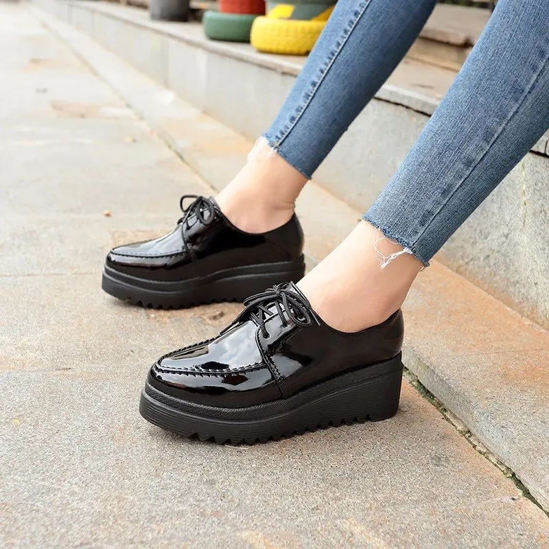 

Women Oxford Shoes Lace-Up Platform Black Patent Leather Casual Cutout Brogues Wedge