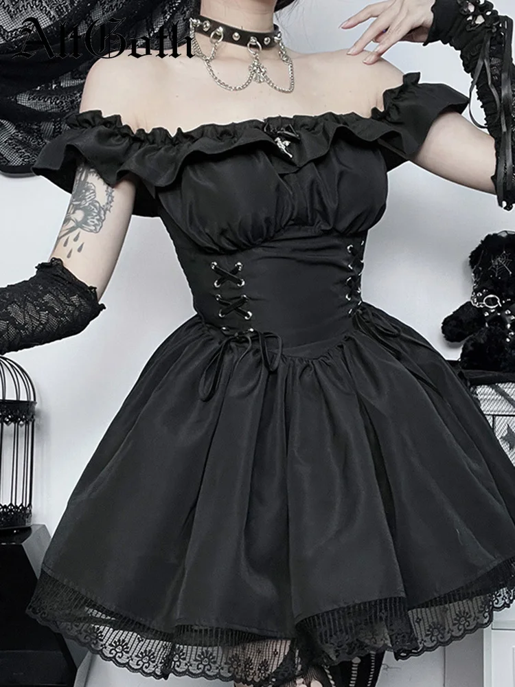 

AltGoth Kawaii Pastel Goth Lolita Dress Women Aesthetic Fairycore Grunge Y2k Puff Sleeve High Waist Lace-up Corset Dress Female